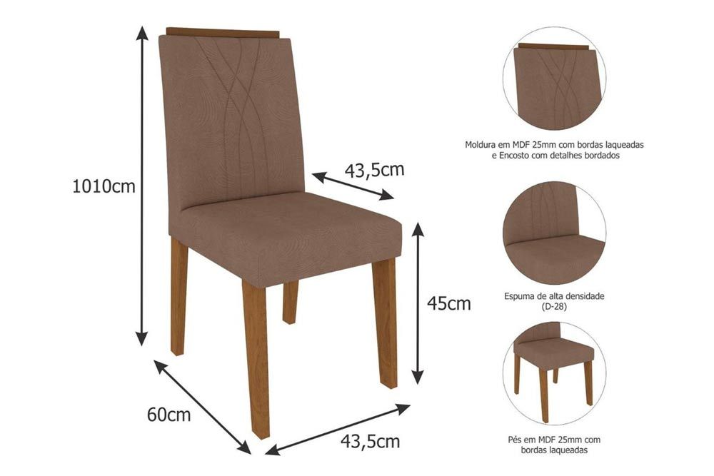 Sala Jantar Mesa Ágata Tampo Madeirado c/ Vidro 130X80 cm e 4 Cadeiras Nicole - Cimol