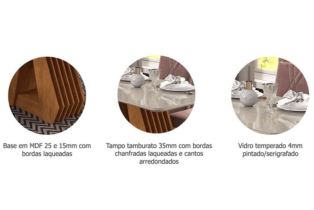 Sala Jantar Mesa Ágata Tampo Madeirado c/ Vidro 130X80 cm e 4 Cadeiras Nicole - Cimol