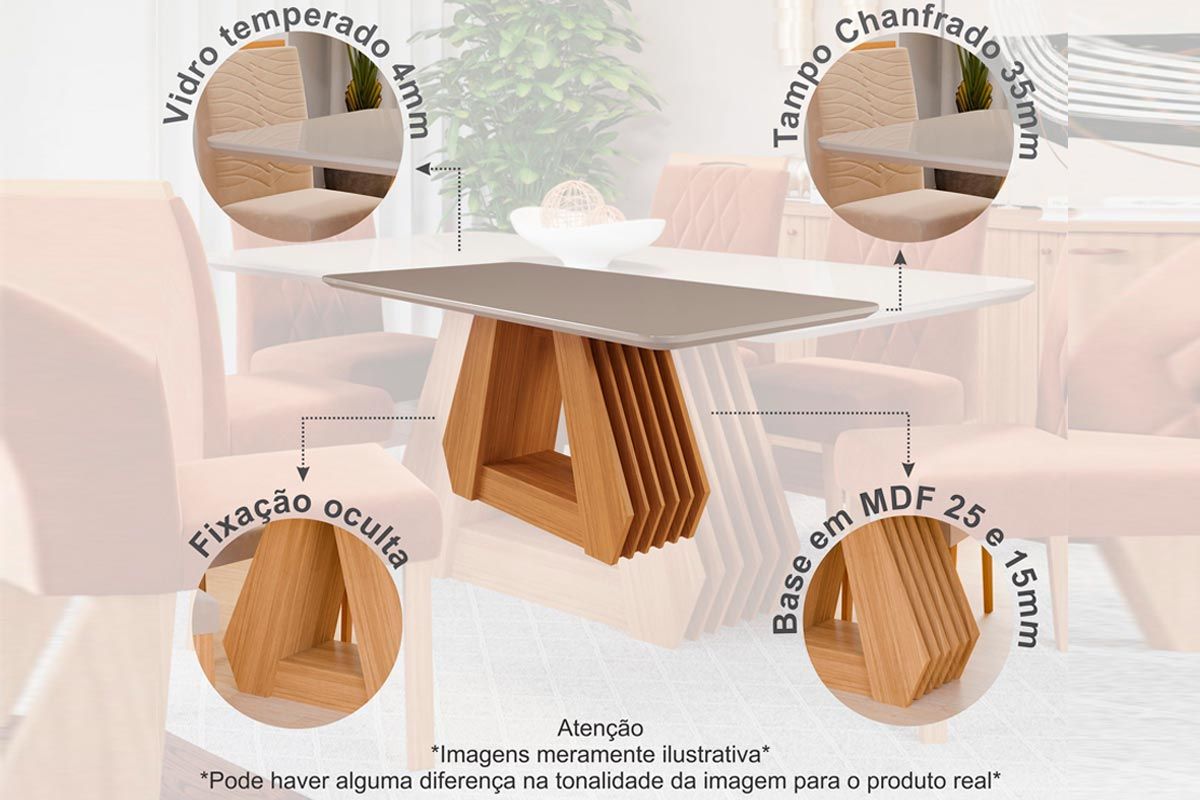 Sala Jantar Mesa Ágata Tampo Madeirado c/ Vidro 130X80 cm e 4 Cadeiras Nicole - Cimol