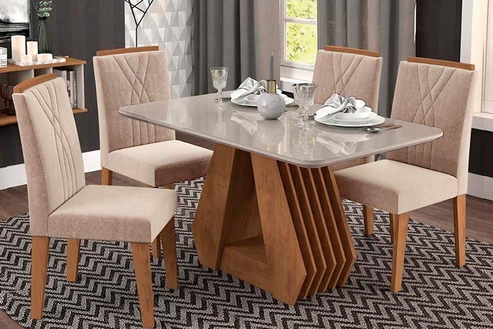 Sala Jantar Mesa Ágata Tampo Madeirado c/ Vidro 130X80 cm e 4 Cadeiras Nicole - Cimol