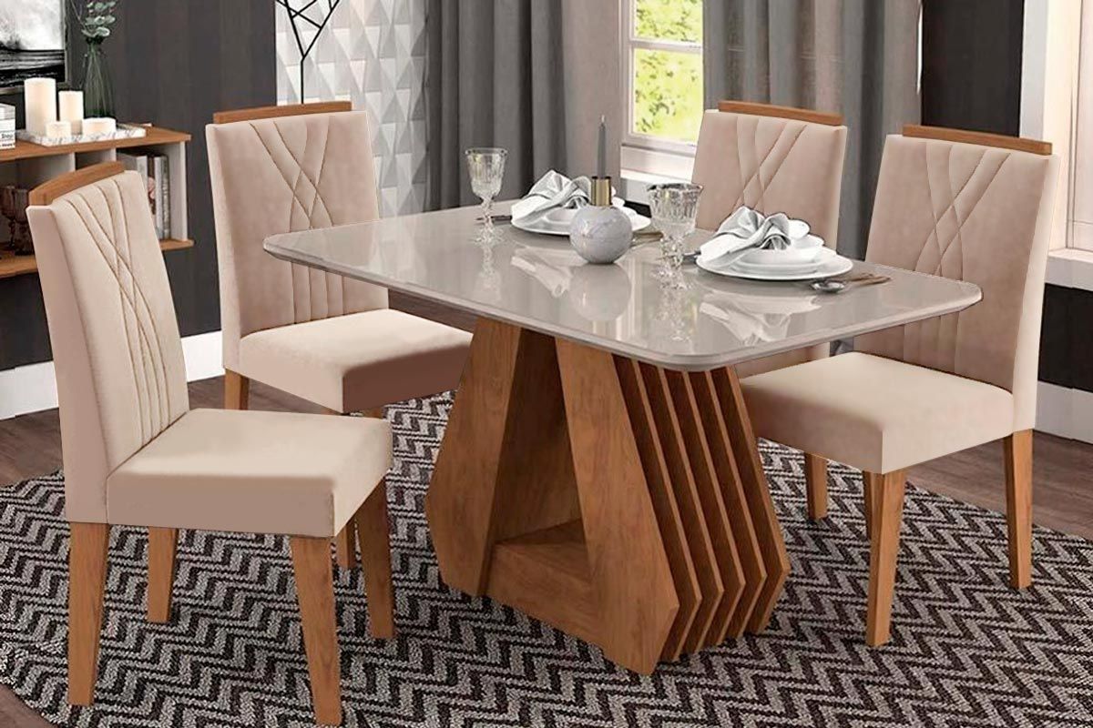 Sala Jantar Mesa Ágata Tampo Madeirado c/ Vidro 130X80 cm e 4 Cadeiras Nicole - Cimol