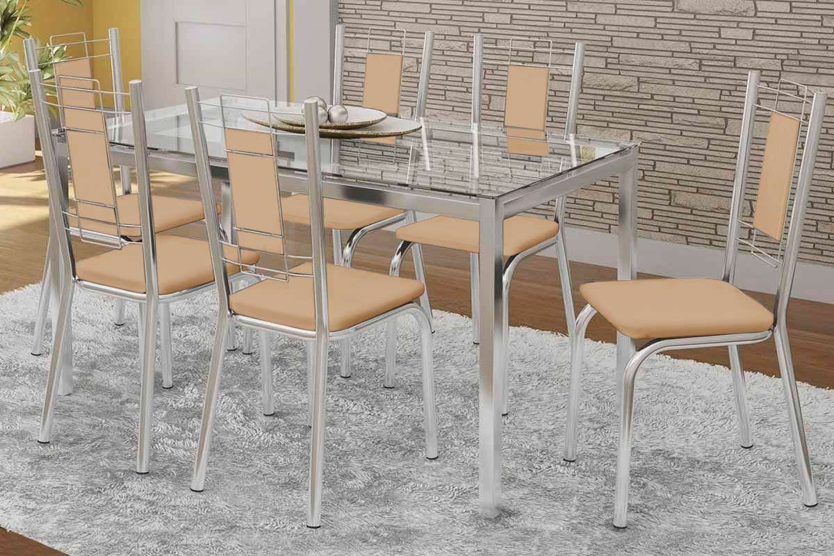 Sala Jantar Mesa Reno c/ Tampo de Vidro 150x80cm e 6 Cadeiras Florença - Kappesberg