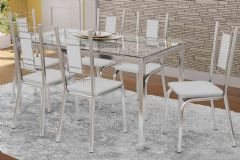 Sala Jantar Mesa Reno c/ Tampo de Vidro 150x80cm e 6 Cadeiras Florença - Kappesberg