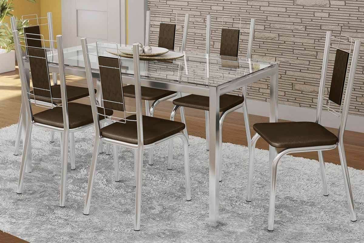 Sala Jantar Mesa Reno c/ Tampo de Vidro 150x80cm e 6 Cadeiras Florença - Kappesberg