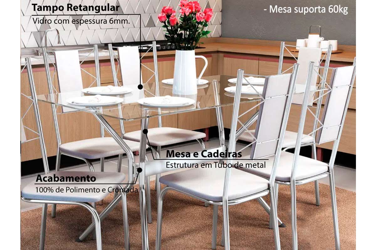 Sala Jantar Mesa Reno c/ Tampo de Vidro 150x80cm e 6 Cadeiras Florença - Kappesberg
