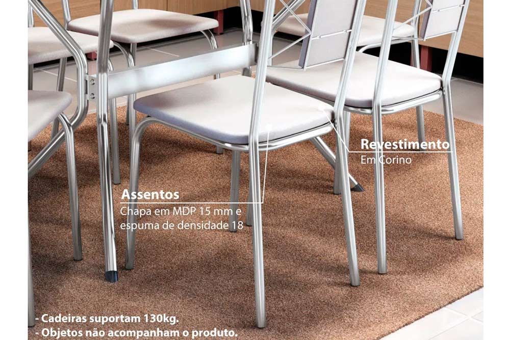 Sala Jantar Mesa Reno c/ Tampo de Vidro 150x80cm e 6 Cadeiras Florença - Kappesberg