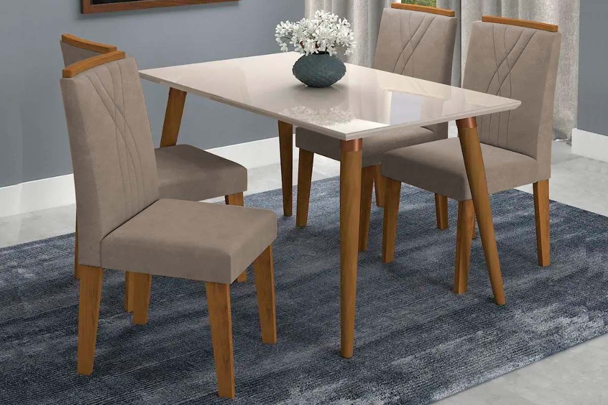 Sala Jantar Mesa Adele Madeira Maciça Tampo Madeirado c/ Vidro 130X80cm e 4 Cadeiras Nicole - Cimol