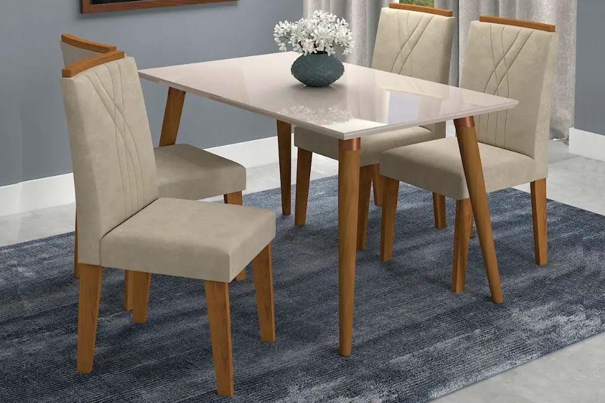 Sala Jantar Mesa Adele Madeira Maciça Tampo Madeirado c/ Vidro 130X80cm e 4 Cadeiras Nicole - Cimol