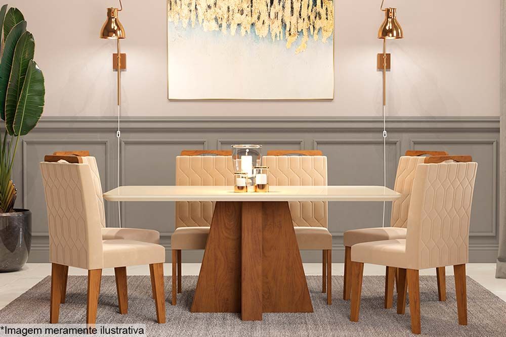 Sala Jantar Mesa Maitê Tampo Madeirado c/ Vidro Canto Curvo 160x80cm e 6 Cadeiras Paola - Cimol