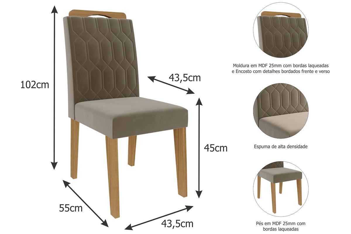 Sala Jantar Mesa Maitê Tampo Madeirado c/ Vidro Canto Curvo 160x80cm e 6 Cadeiras Paola - Cimol