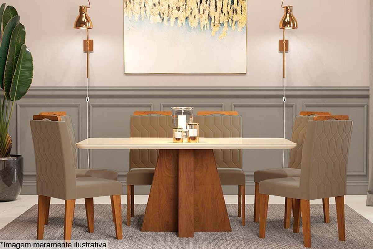 Sala Jantar Mesa Maitê Tampo Madeirado c/ Vidro Canto Curvo 160x80cm e 6 Cadeiras Paola - Cimol