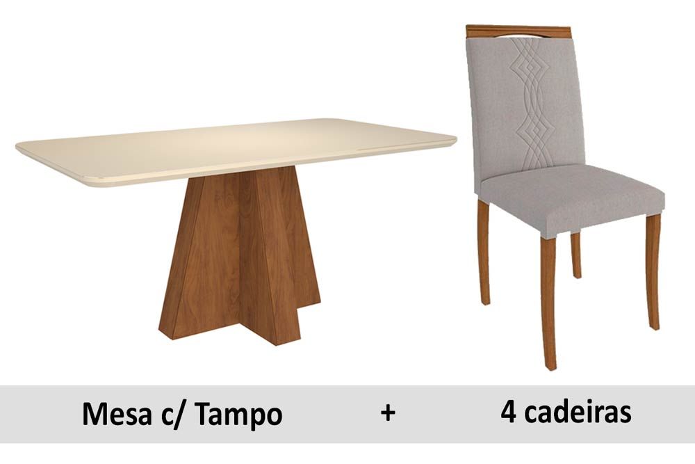 Sala Jantar Mesa Maitê Tampo Madeirado c/ Vidro Canto Curvo 160x80cm e 6 Cadeiras Laura - Cimol
