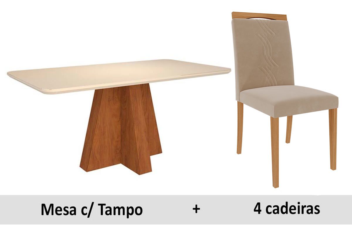 Sala Jantar Mesa Maitê Tampo Madeirado c/ Vidro Canto Curvo 160x80cm e 6 Cadeiras Laura - Cimol