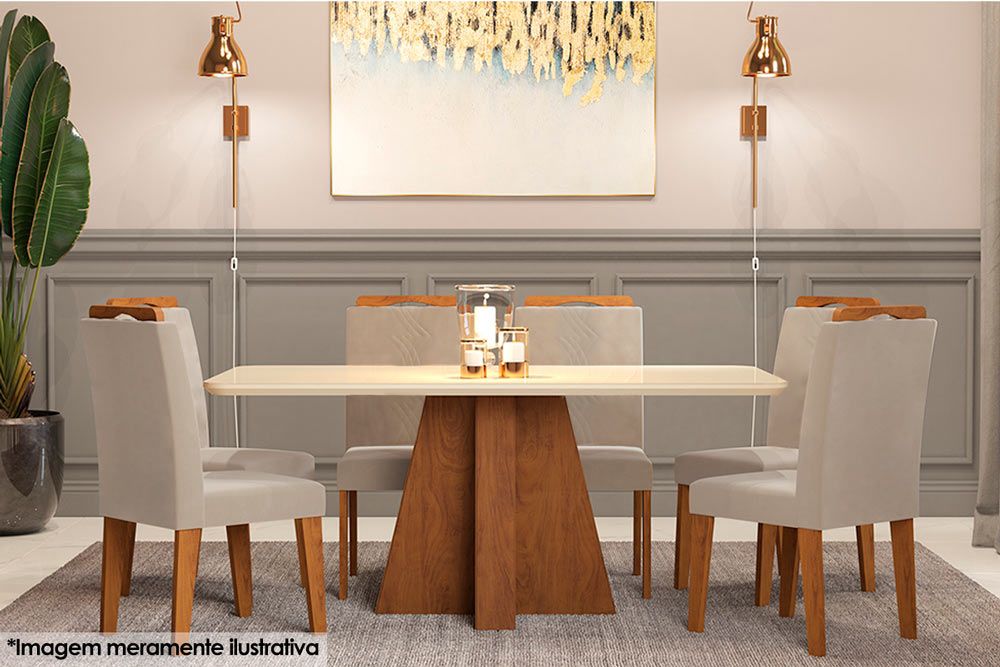 Sala Jantar Mesa Maitê Tampo Madeirado c/ Vidro Canto Curvo 160x80cm e 6 Cadeiras Laura - Cimol