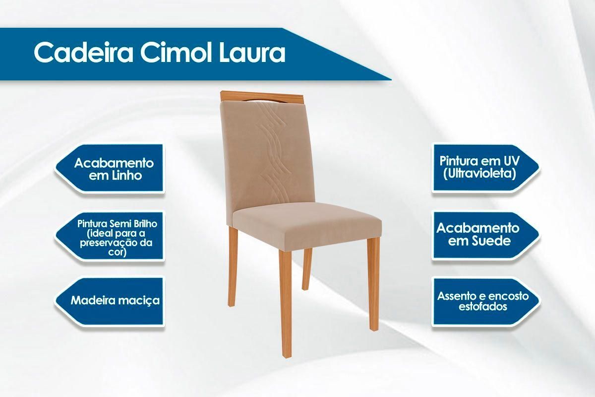 Sala Jantar Mesa Maitê Tampo Madeirado c/ Vidro Canto Curvo 160x80cm e 6 Cadeiras Laura - Cimol