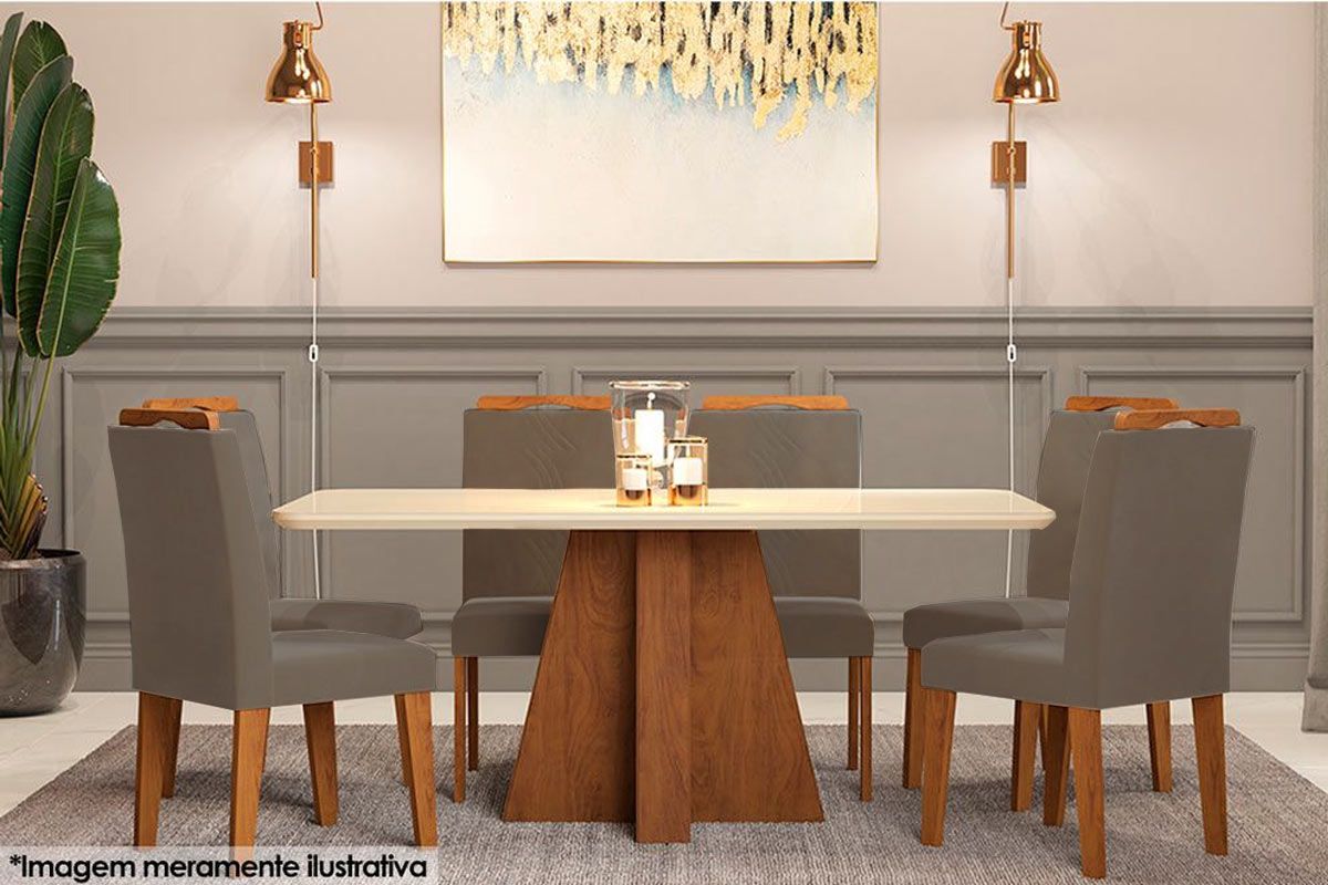 Sala Jantar Mesa Maitê Tampo Madeirado c/ Vidro Canto Curvo 160x80cm e 6 Cadeiras Laura - Cimol
