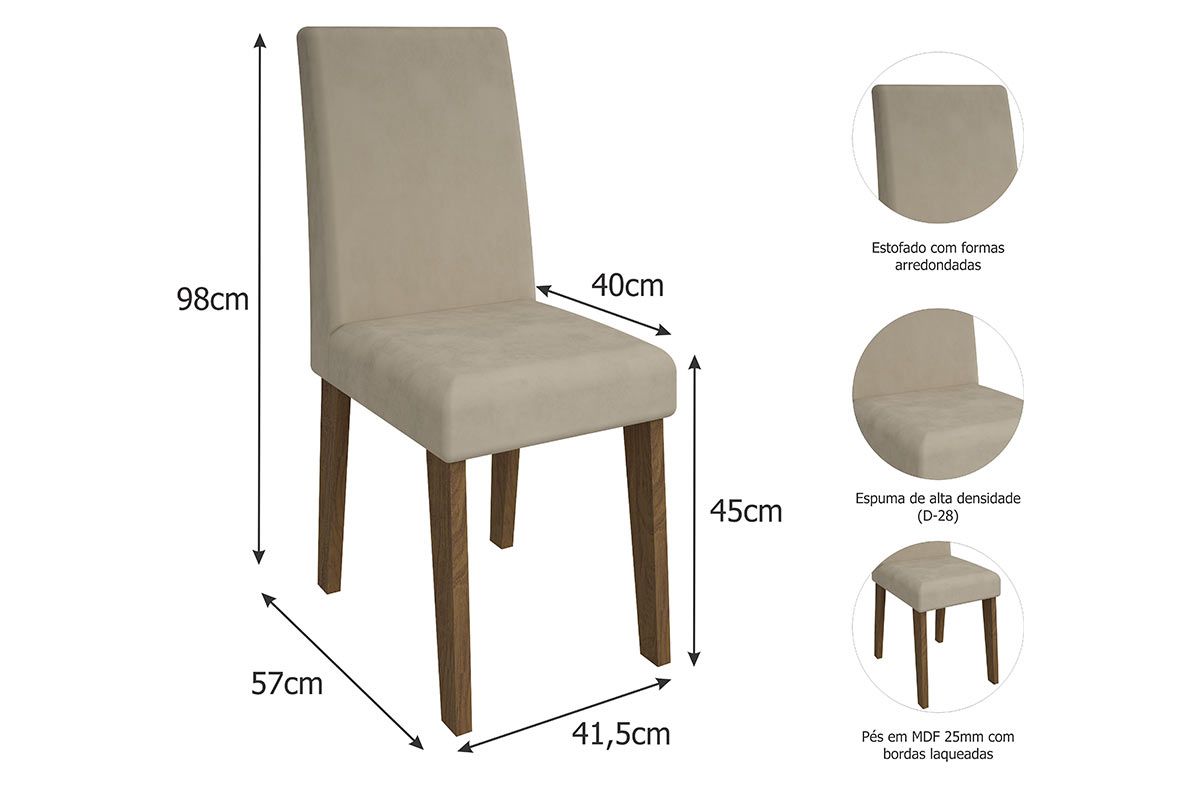 Sala Jantar Mesa Maitê Tampo Madeirado c/ Vidro Canto Curvo 160x80cm e 6 Cadeiras Milena - Cimol