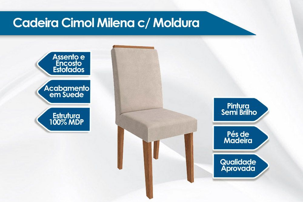 Sala Jantar Mesa Maitê Tampo Madeirado c/ Vidro Canto Curvo 160x80cm e 6 Cadeiras Milena - Cimol