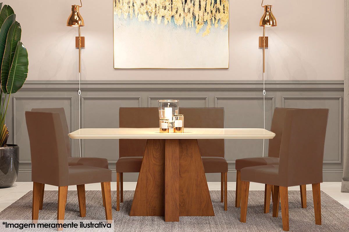 Sala Jantar Mesa Maitê Tampo Madeirado c/ Vidro Canto Curvo 160x80cm e 6 Cadeiras Milena - Cimol