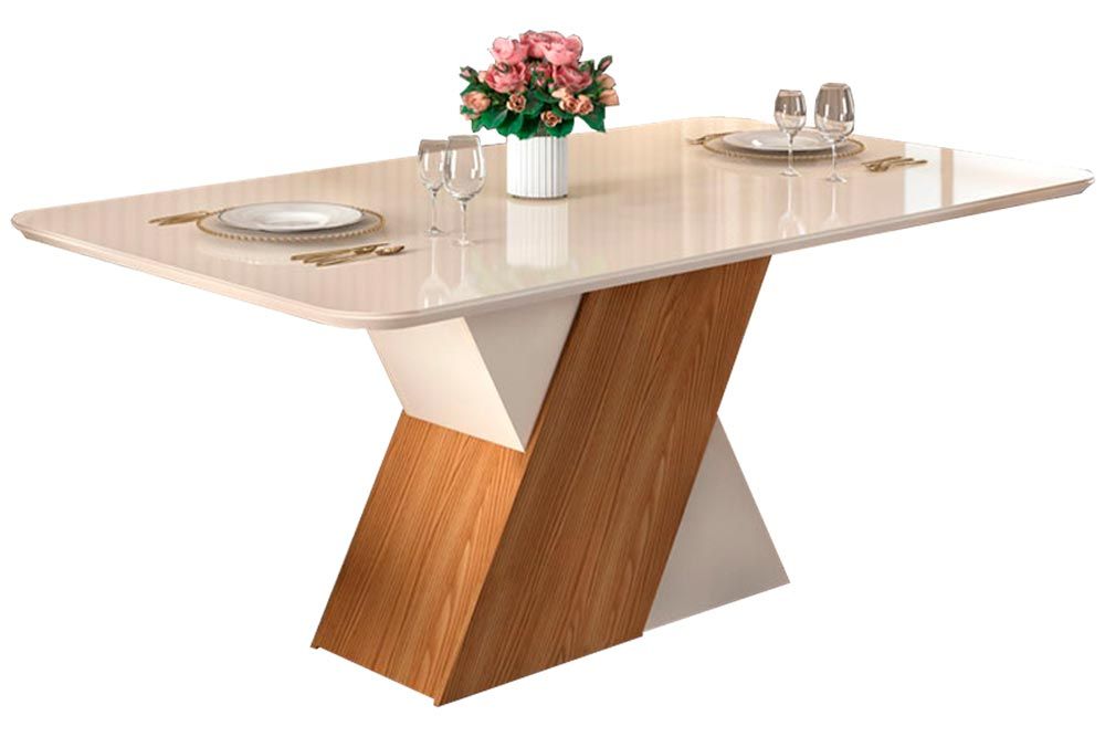 Mesa Jantar Rubi c/Tampo Madeirado c/Vidro Curvo 170x90cm DJ Móveis