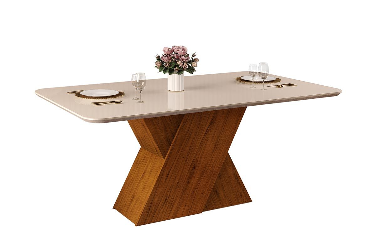 Mesa Jantar Rubi c/Tampo Madeirado c/Vidro Curvo 170x90cm DJ Móveis