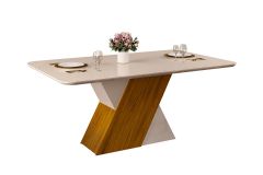 Mesa Jantar Rubi c/Tampo Madeirado c/Vidro Curvo 170x90cm DJ Móveis - Freijó/Off White
