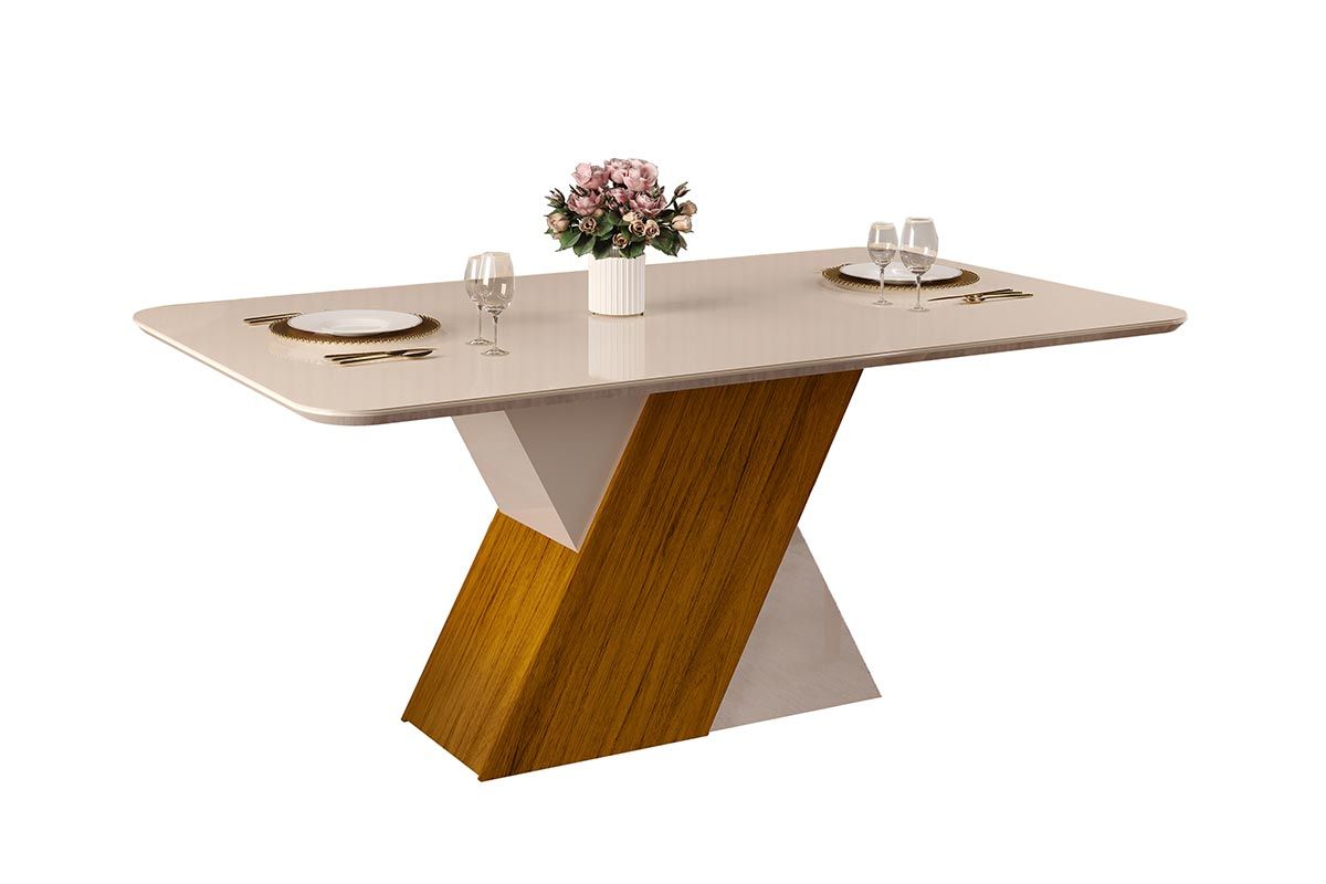 Mesa Jantar Rubi c/Tampo Madeirado c/Vidro Curvo 170x90cm DJ MóveisFreijó/Off White