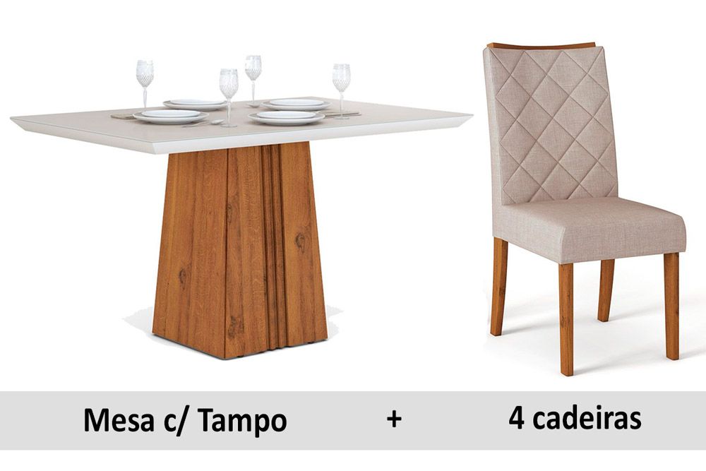 Sala de Jantar Completa Itália c/ Tampo Madeirado c/ Vidro 120x90cm e 4 Cadeiras Golden - DJ Móveis