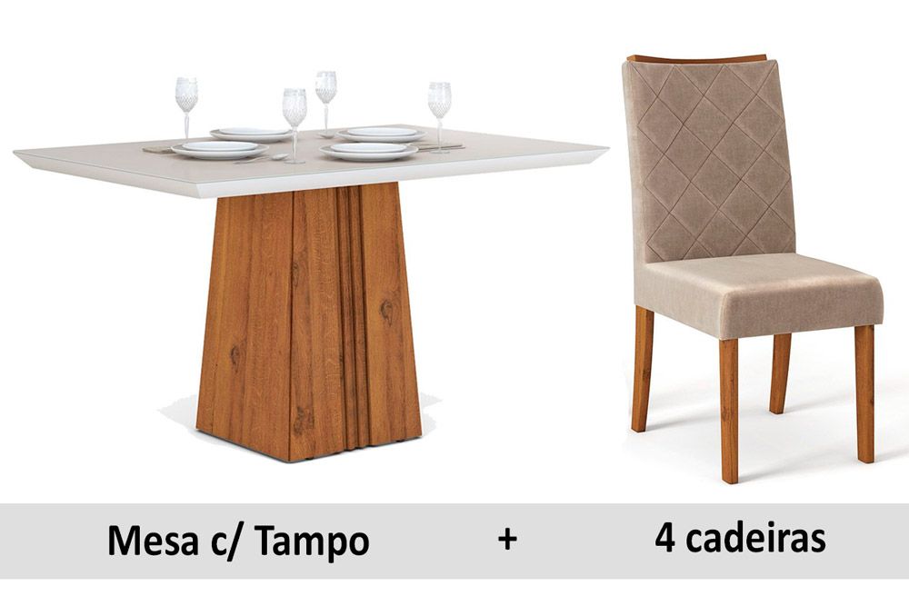 Sala de Jantar Completa Itália c/ Tampo Madeirado c/ Vidro 120x90cm e 4 Cadeiras Golden - DJ Móveis