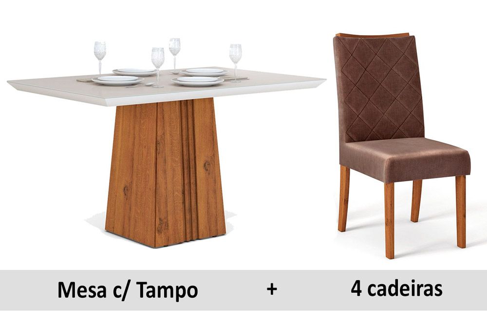 Sala de Jantar Completa Itália c/ Tampo Madeirado c/ Vidro 120x90cm e 4 Cadeiras Golden - DJ Móveis