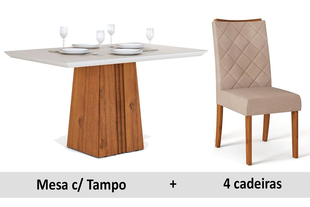 Sala de Jantar Completa Itália c/ Tampo Madeirado c/ Vidro 120x90cm e 4 Cadeiras Golden - DJ Móveis