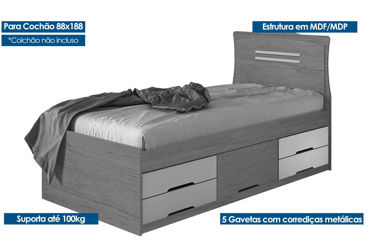 Cama Solteiro Multifuncional Júlia c/5 Gavetas Conquista Cama Solteiro Multifuncional Júlia c/5 Gavetas Conquista