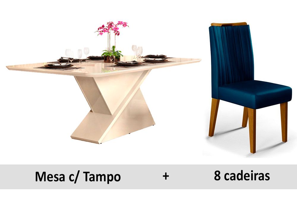 Sala de Jantar Completa Zafira c/ Tampo Madeirado c/ Vidro Canto Curvo 200x100cm e 8 Cadeiras Ísis - DJ Móveis