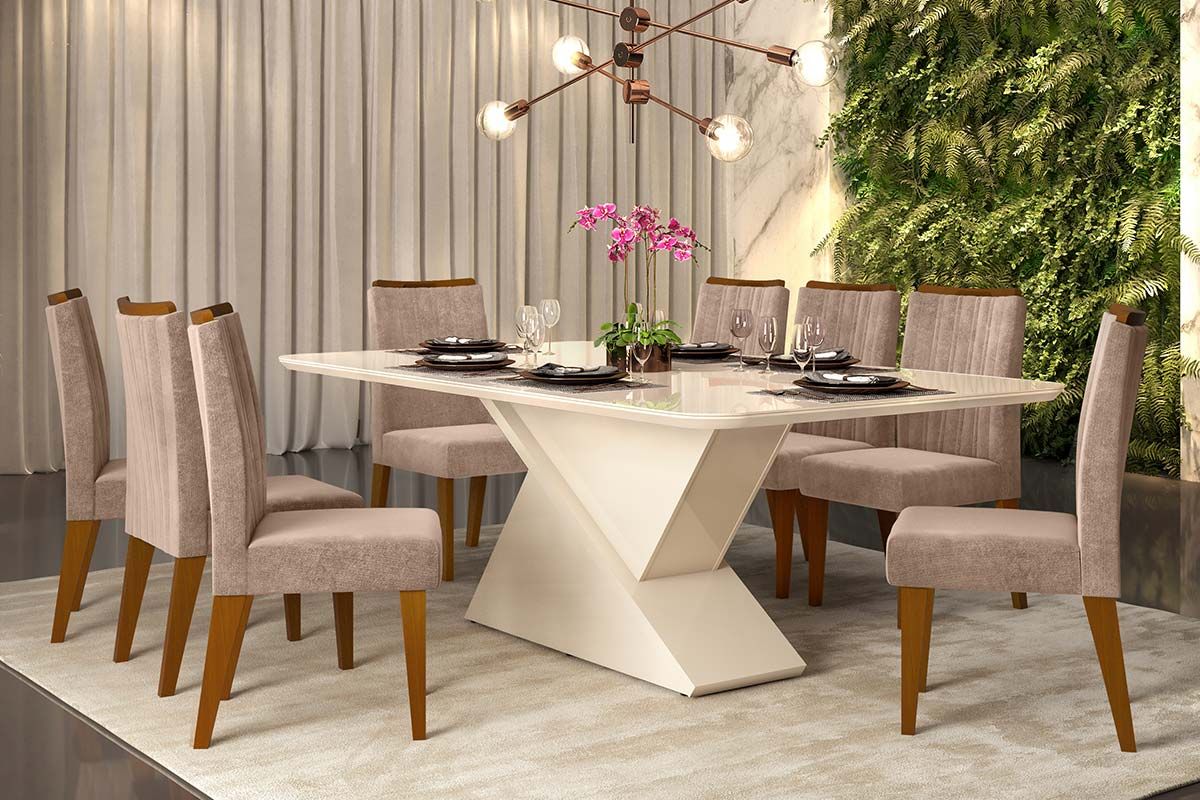 Sala de Jantar Completa Zafira c/ Tampo Madeirado c/ Vidro Canto Curvo 200x100cm e 8 Cadeiras Ísis - DJ Móveis