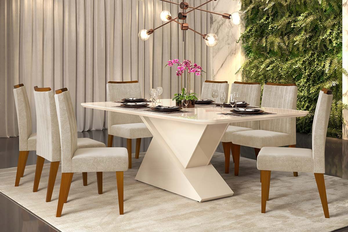 Sala de Jantar Completa Zafira c/ Tampo Madeirado c/ Vidro Canto Curvo 200x100cm e 8 Cadeiras Ísis - DJ Móveis