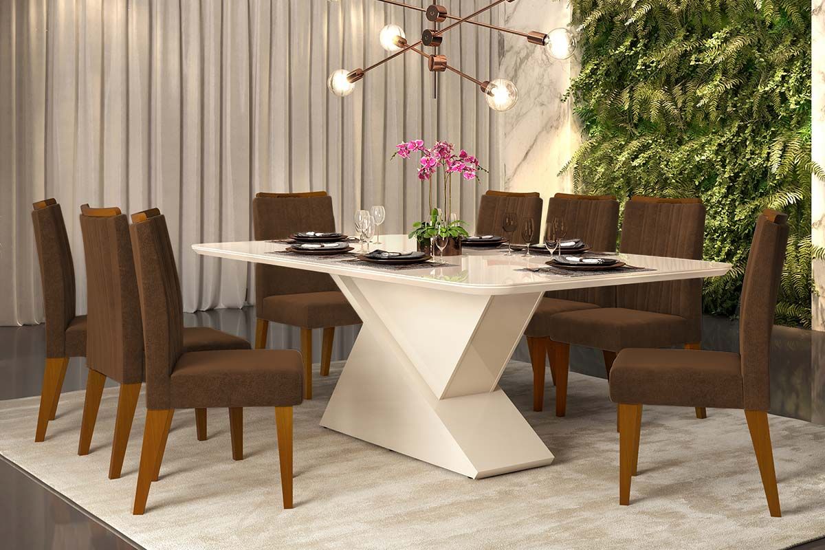 Sala de Jantar Completa Zafira c/ Tampo Madeirado c/ Vidro Canto Curvo 200x100cm e 8 Cadeiras Ísis - DJ Móveis