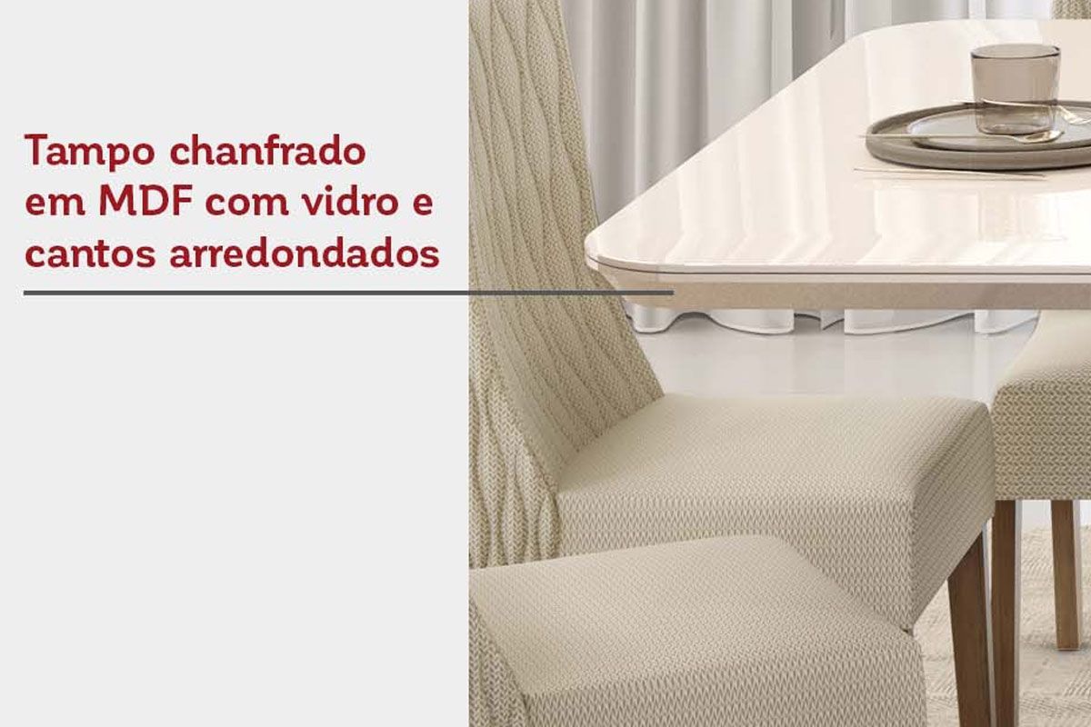 Sala de Jantar Completa Zafira c/ Tampo Madeirado c/ Vidro Canto Curvo 200x100cm e 8 Cadeiras Ísis - DJ Móveis