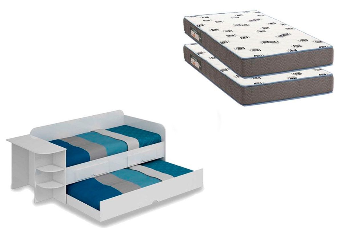 Colchão Solteiro D33 Ortobom (2un) + Sofá Cama Helena c/ Auxiliar