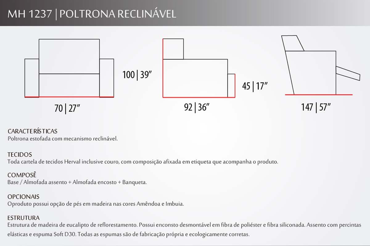 Poltrona Reclinável p/ Sala MH 1237 Two Way c/Pés Herval Poltrona Reclinável p/ Sala MH 1237 Two Way c/Pés Herval