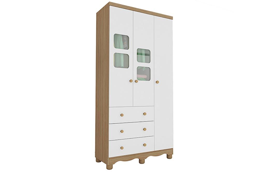 Guarda Roupa Infantil c/3 Portas (2 Cristal) e 3 Gavetas Uli Peroba
