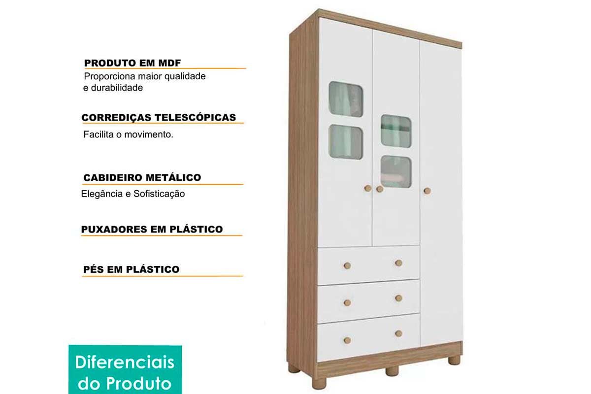 Guarda Roupa Infantil c/3 Portas (2 Cristal) e 3 Gavetas Uli Peroba Guarda Roupa Infantil c/3 Portas (2 Cristal) e 3 Gavetas Uli Peroba