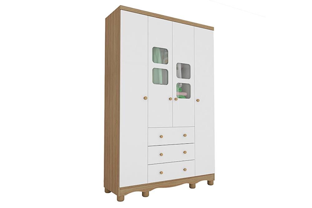 Guarda Roupa Infantil c/4 Portas (2 Cristal) e 3 Gavetas Uli PerobaBranco/Amendoa