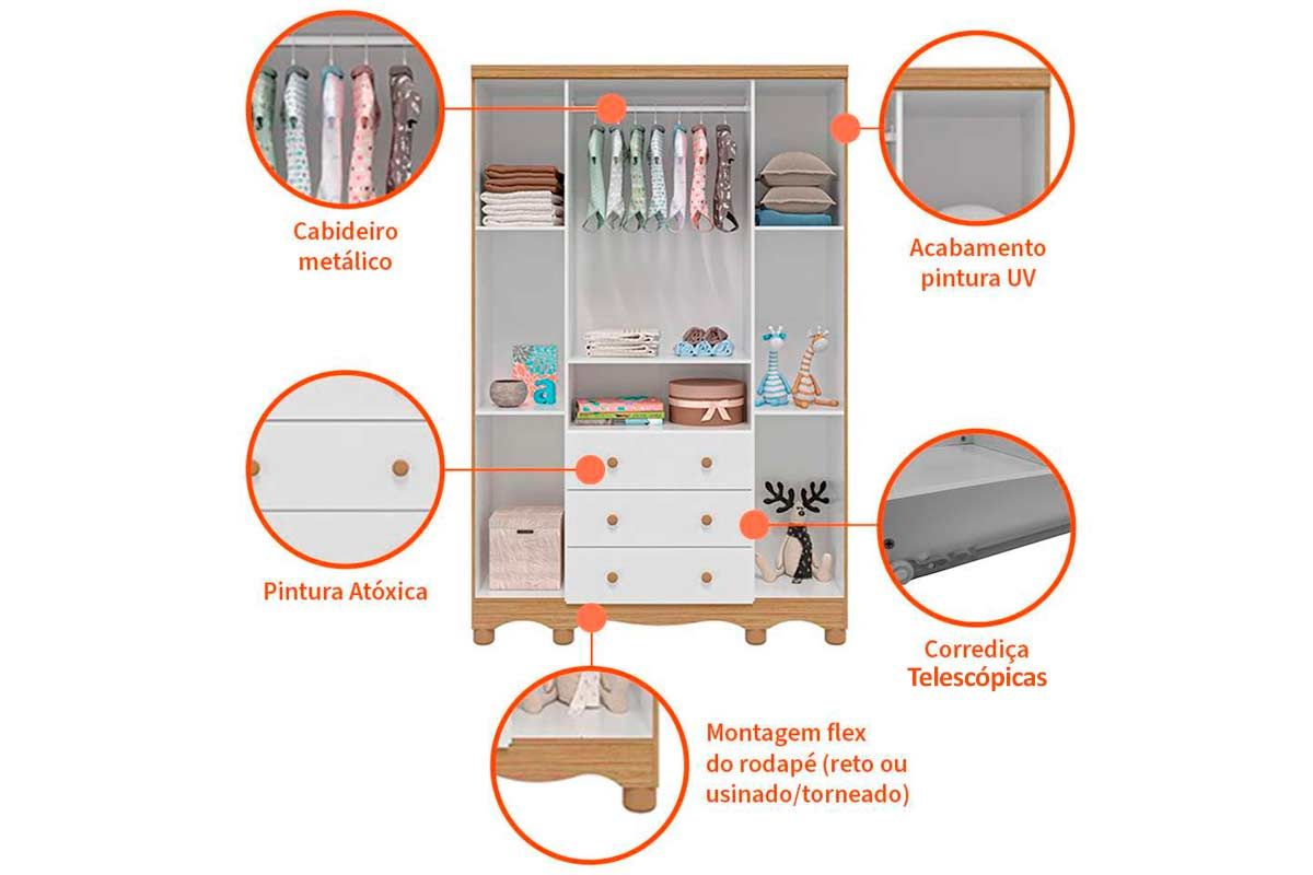Guarda Roupa Infantil c/4 Portas (2 Cristal) e 3 Gavetas Uli Peroba
