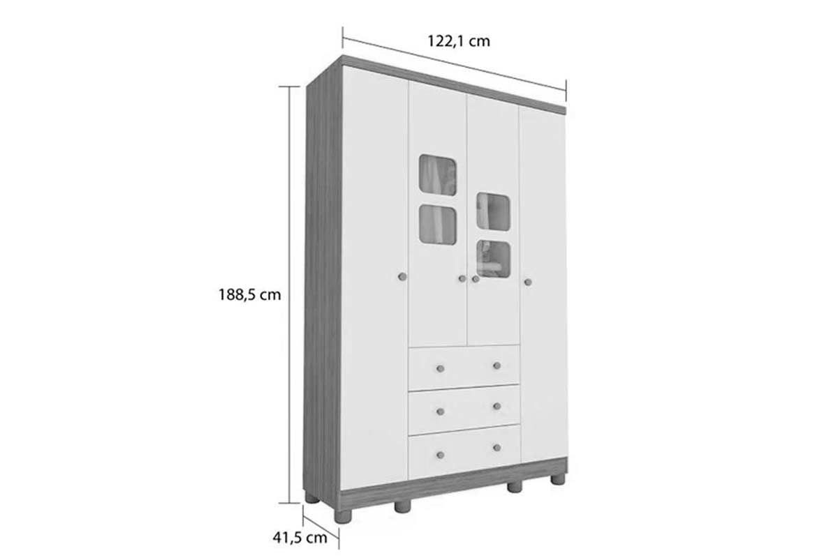 Guarda Roupa Infantil c/4 Portas (2 Cristal) e 3 Gavetas Uli Peroba