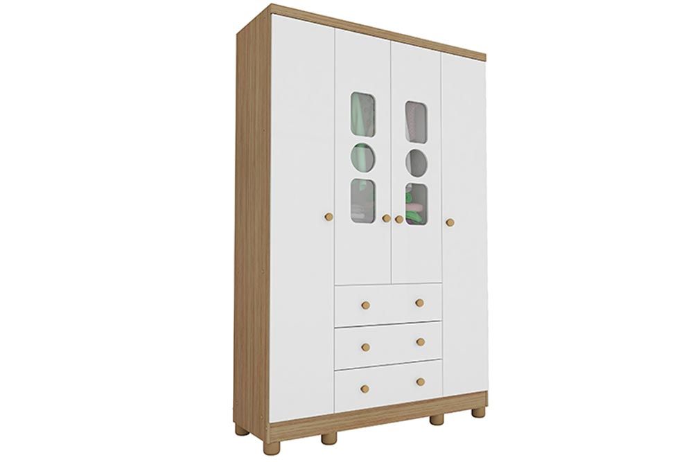 Guarda Roupa Infantil c/4 Portas (2 Cristal) e 3 Gavetas Tedy PerobaBranco/Carvalho Guarda Roupa Infantil c/4 Portas (2 Cristal) e 3 Gavetas Tedy PerobaBranco/Carvalho