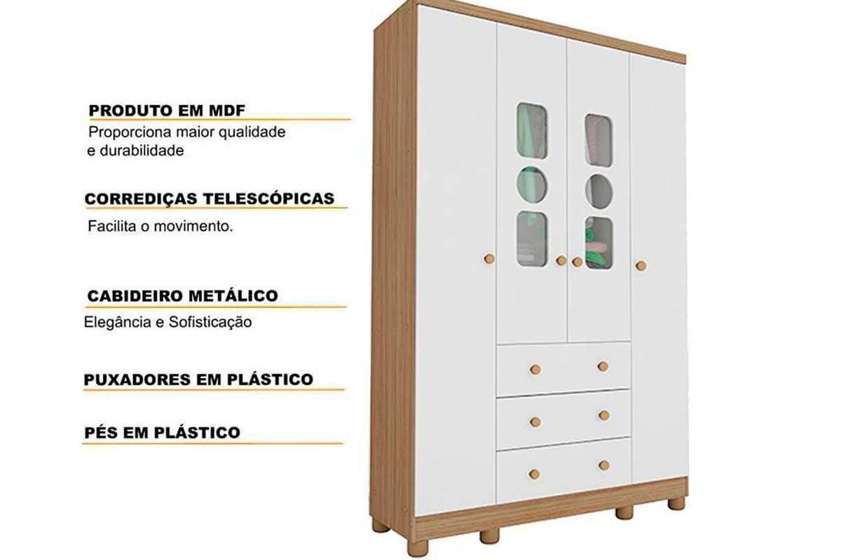 Guarda Roupa Infantil c/4 Portas (2 Cristal) e 3 Gavetas Tedy Peroba Guarda Roupa Infantil c/4 Portas (2 Cristal) e 3 Gavetas Tedy Peroba