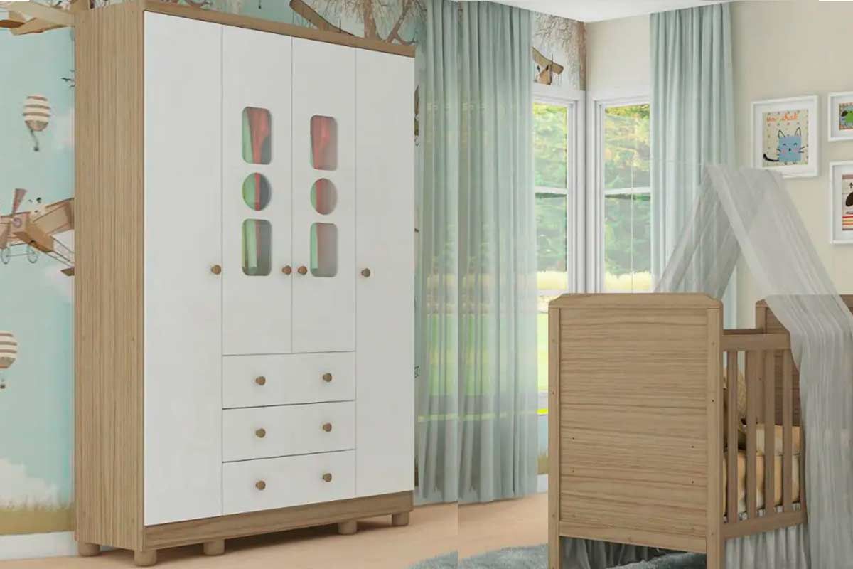 Guarda Roupa Infantil c/4 Portas (2 Cristal) e 3 Gavetas Tedy Peroba Guarda Roupa Infantil c/4 Portas (2 Cristal) e 3 Gavetas Tedy Peroba