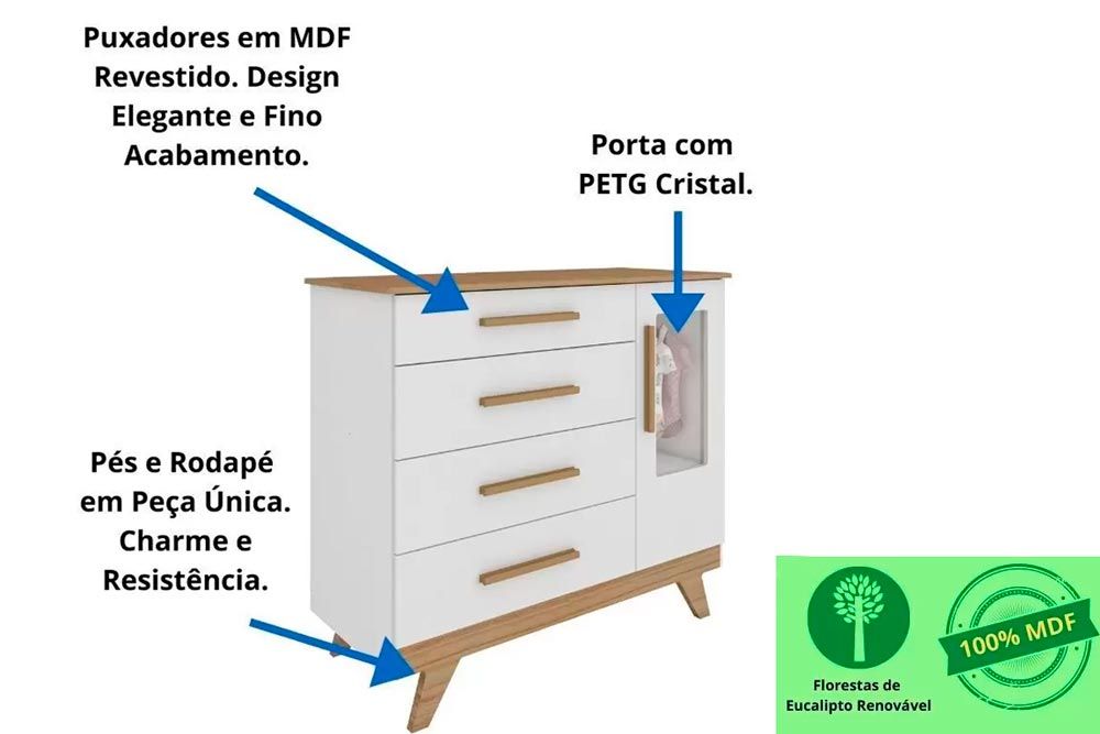 Cômoda Infantil Retrô c/1 Porta e 4 Gavetas - Peroba Cômoda Infantil Retrô c/1 Porta e 4 Gavetas - Peroba