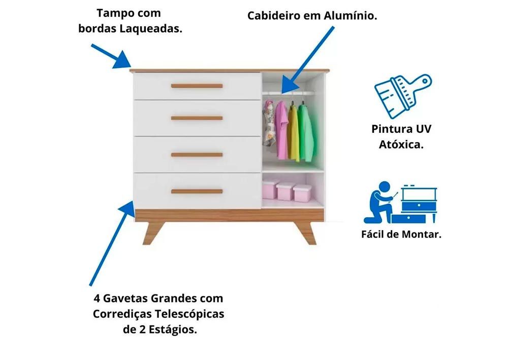 Cômoda Infantil Retrô c/1 Porta e 4 Gavetas - Peroba Cômoda Infantil Retrô c/1 Porta e 4 Gavetas - Peroba
