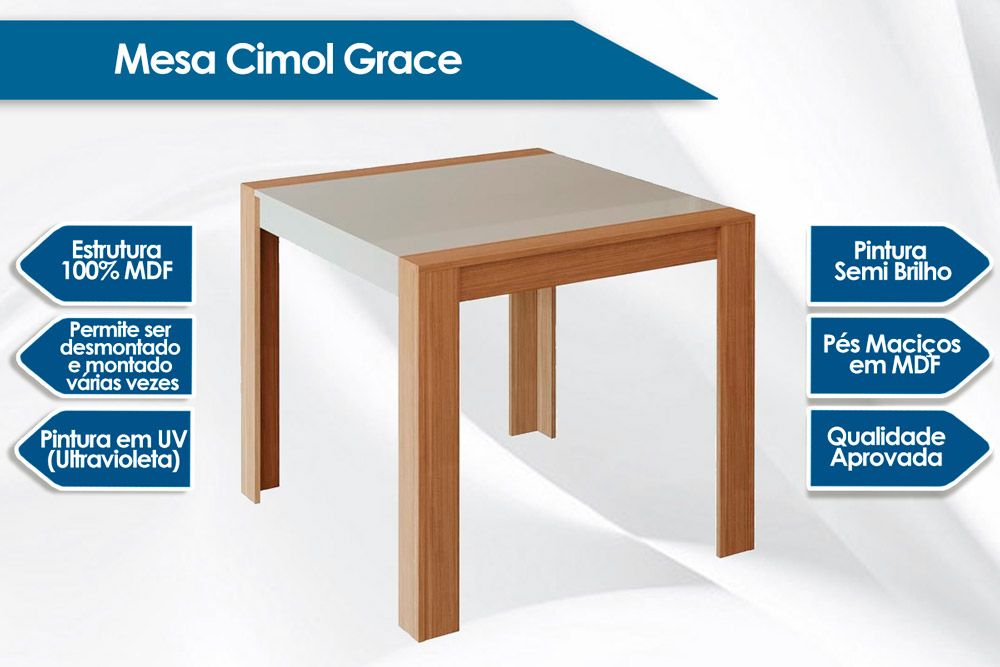 Mesa Jantar Grace c/Tampo Madeirado 90x90cm Cimol Mesa Jantar Grace c/Tampo Madeirado 90x90cm Cimol